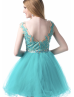 Lace Tulle V Back Beaded Belt Knee Length Prom Dress 